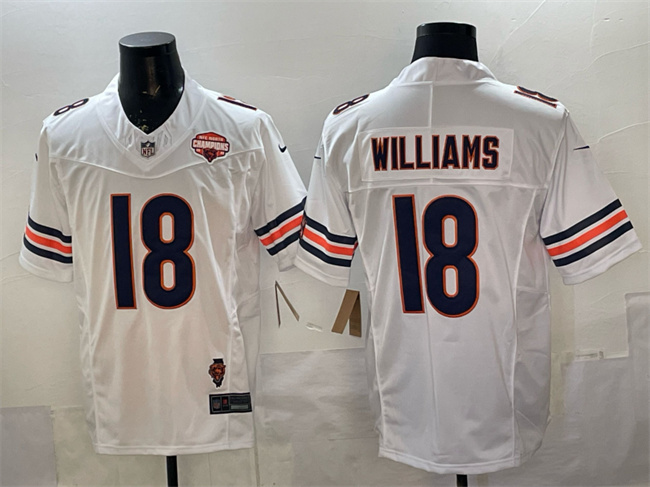 Men's Chicago Bears #18 Caleb Williams White F.U.S.E. 2025 NFC North Champions & Illinois Patch Stitched Football Jersey